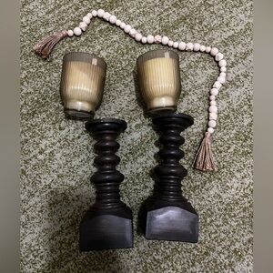 Brand new elegant wooden candle holders with candles wooden beaded garland